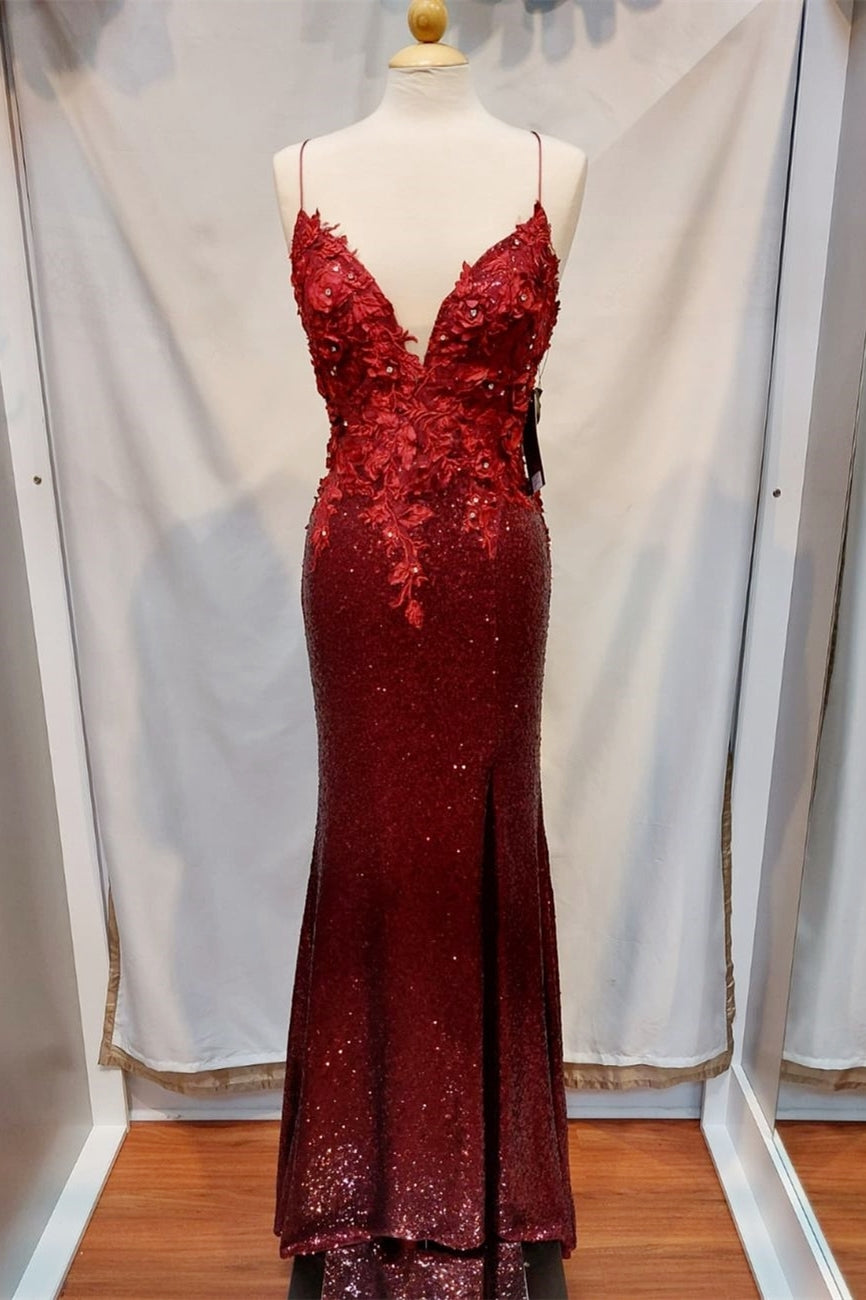 Handmade Wine Red Sequin Mermaid Long Prom HZ0307