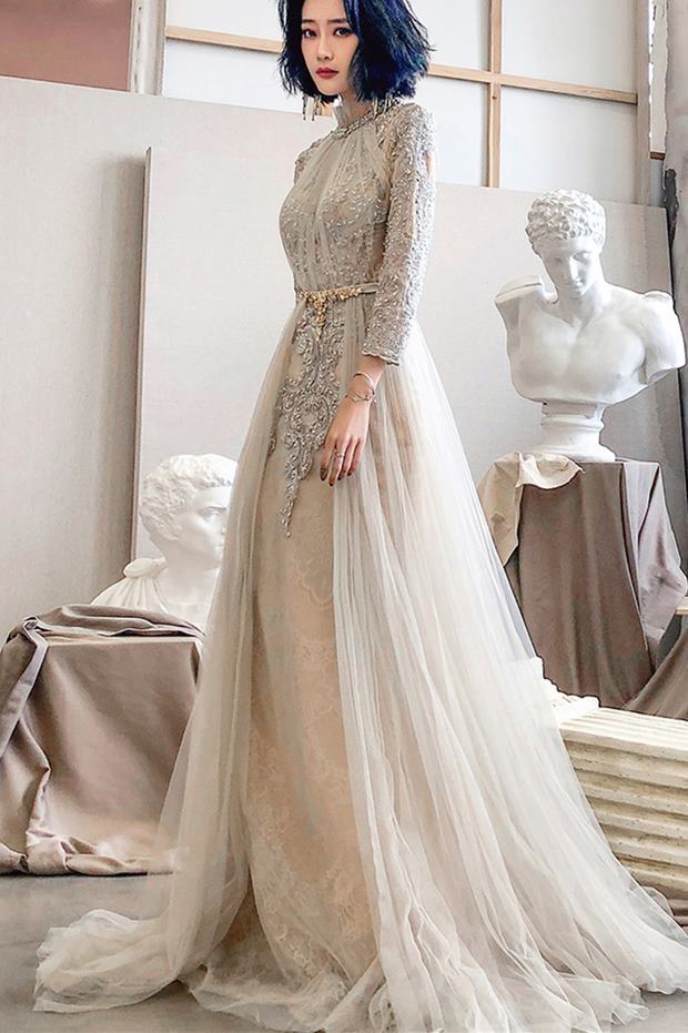 High Neck Light Champagne Long Sleeves Evening HZ0307