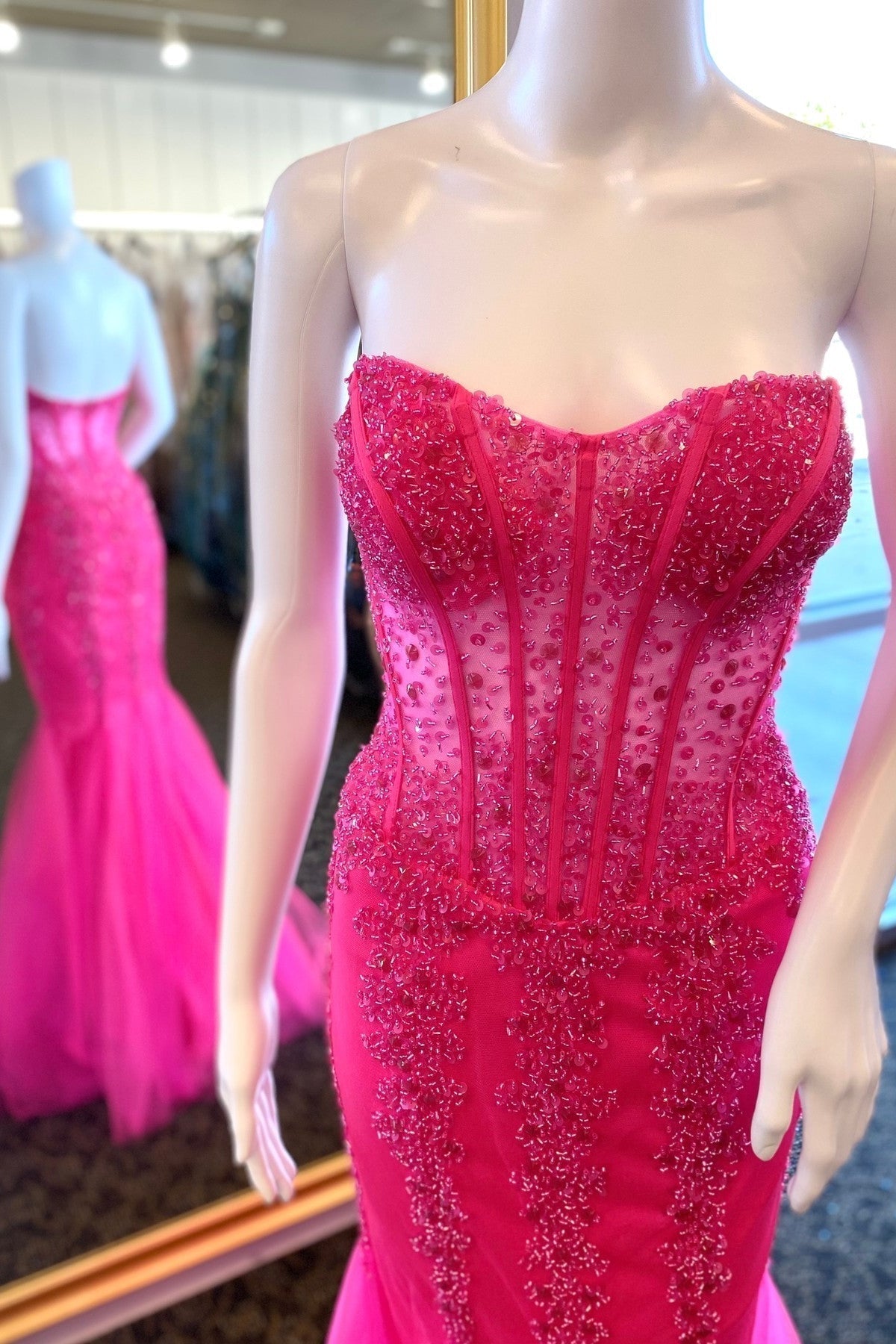 Hot Pink Beaded See Through Corset Mermaid Formal HZ0307