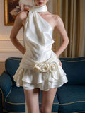 Ivory Halter Floral Homecoming Dress, Short Dance Dresses Mini School Party Dress, HZ0307