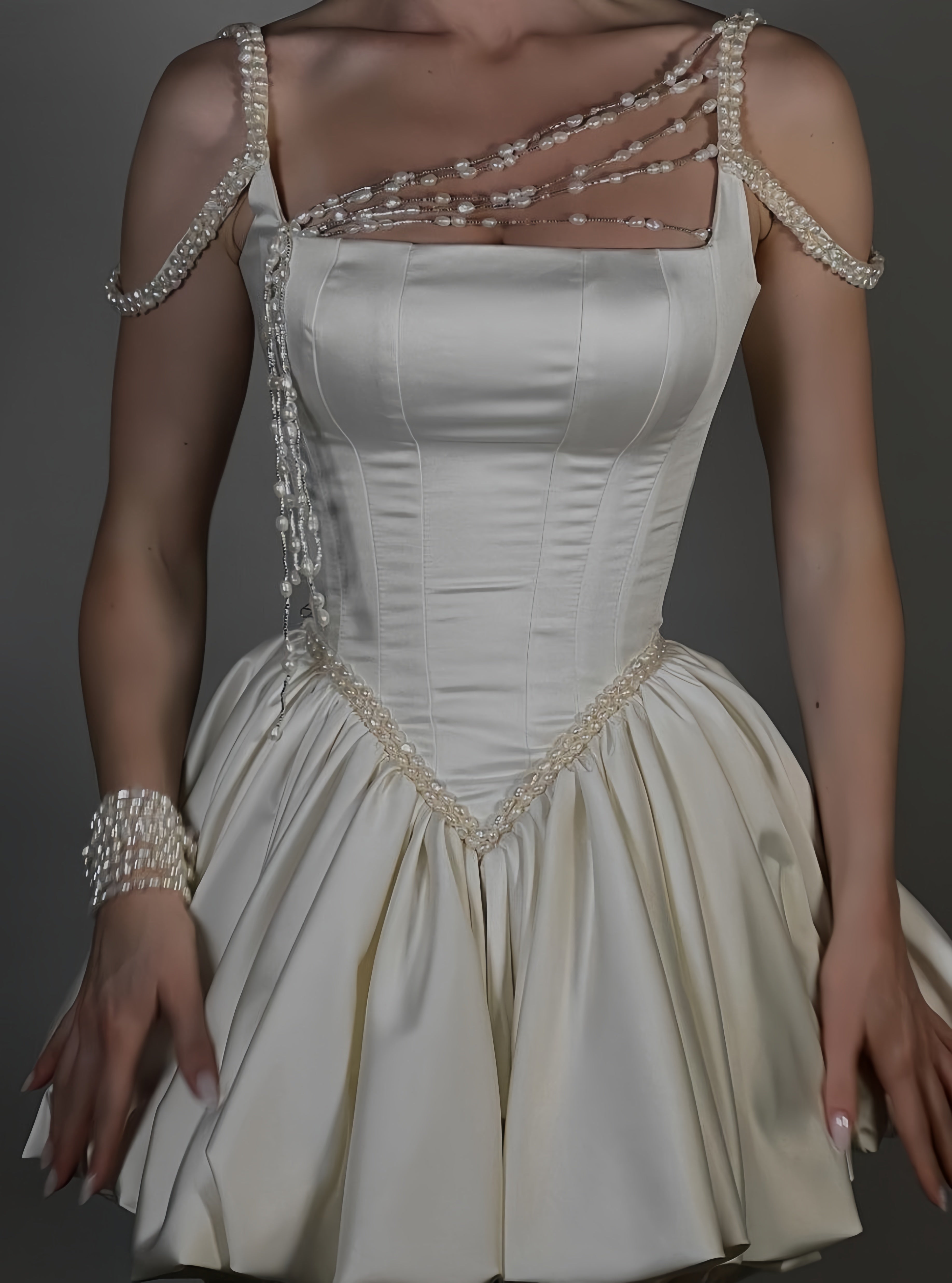 Ivory Pearl Satin Homecoming Dress - A-Line Mini Prom Bridal HZ0307