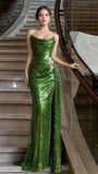 Strapless Green Sequin Prom Dress With Split, HZ0307