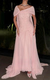 Light Pink Beaded Chiffon Prom Dresses Off The Shoulder Evening Party HZ0307