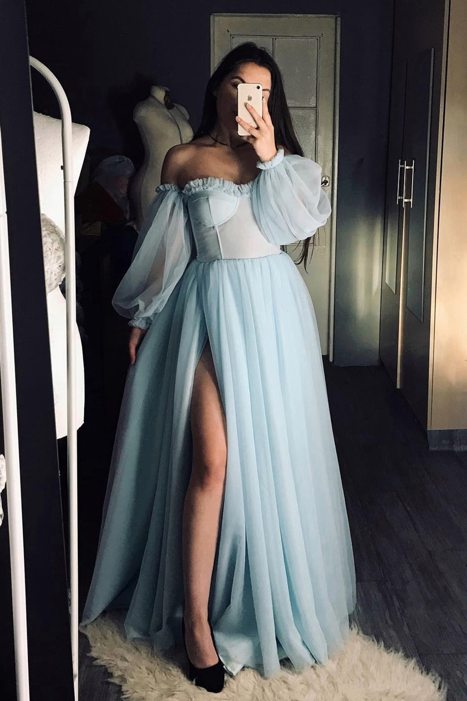 Light Blue Off the Shoulder Long Sleeves Formal HZ0307