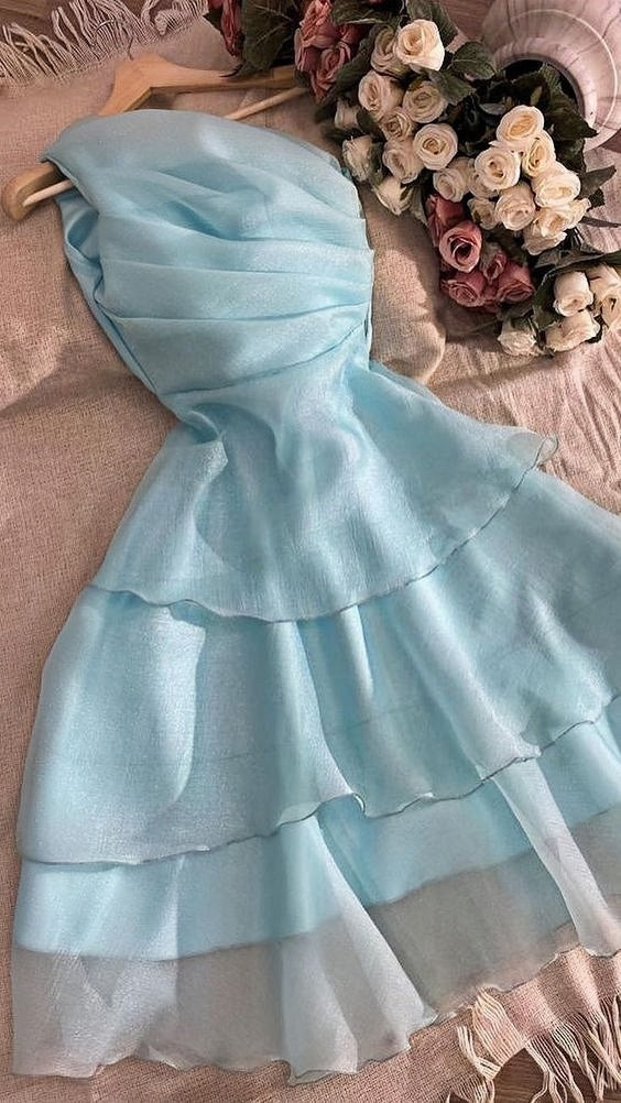 Light Blue One Shoulder Organza Homecoming Dresses Custom Made Hoco Dress, HZ0307