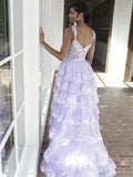 Lilac Sequin Lace Ruffles Prom Dress Split Evening HZ0307