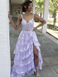 Lilac Sequin Lace Ruffles Prom Dress Split Evening HZ0307