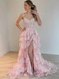 Lilac Sequin Lace Ruffles Prom Dress Split Evening HZ0307