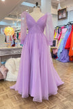 Lilac Long Sleeves Corset Tulle Long Formal HZ0307