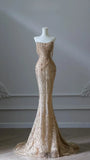 Luxury Gold Sequin Beaded Mermaid Prom Dress, Strapless Formal Party HZ0307