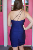 Navy Blue One Shoulder Homecoming Dresses Tight For Teen, HZ0307