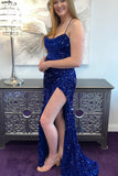 Navy Blue Sequin Mermaid Cowl Neck Long Prom HZ0307