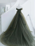 Off The Shoulder Green Tulle Ball Gown A-line Prom Evening HZ0307