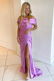 Off The Shoulder Pleated Long Prom Dresses Pink Satin Evening Gown, HZ0307