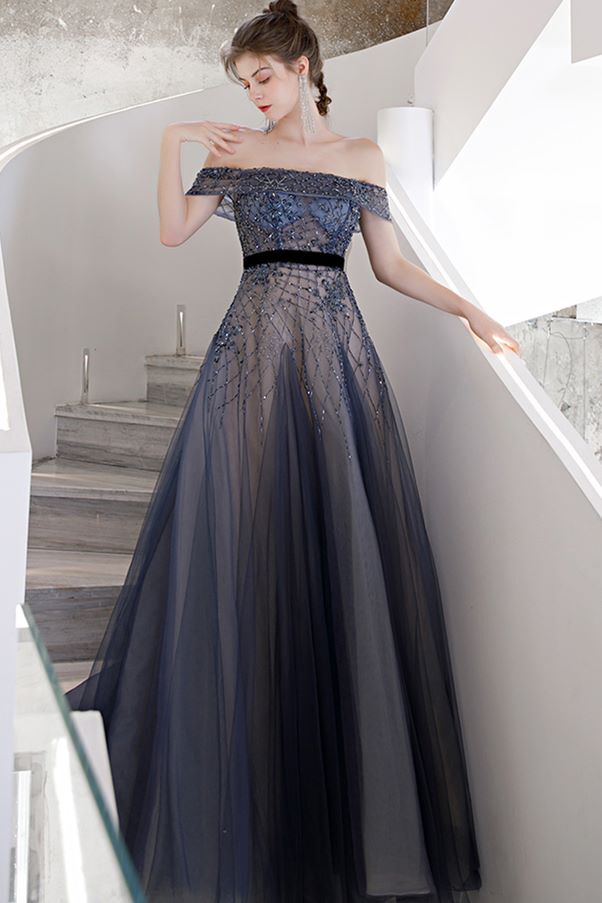 Off the Shoulder Beaded Blue Long Formal HZ0307