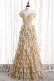 Off the Shoulder Champagne Tiered Long Formal HZ0307