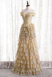 Off the Shoulder Champagne Tiered Long Formal HZ0307