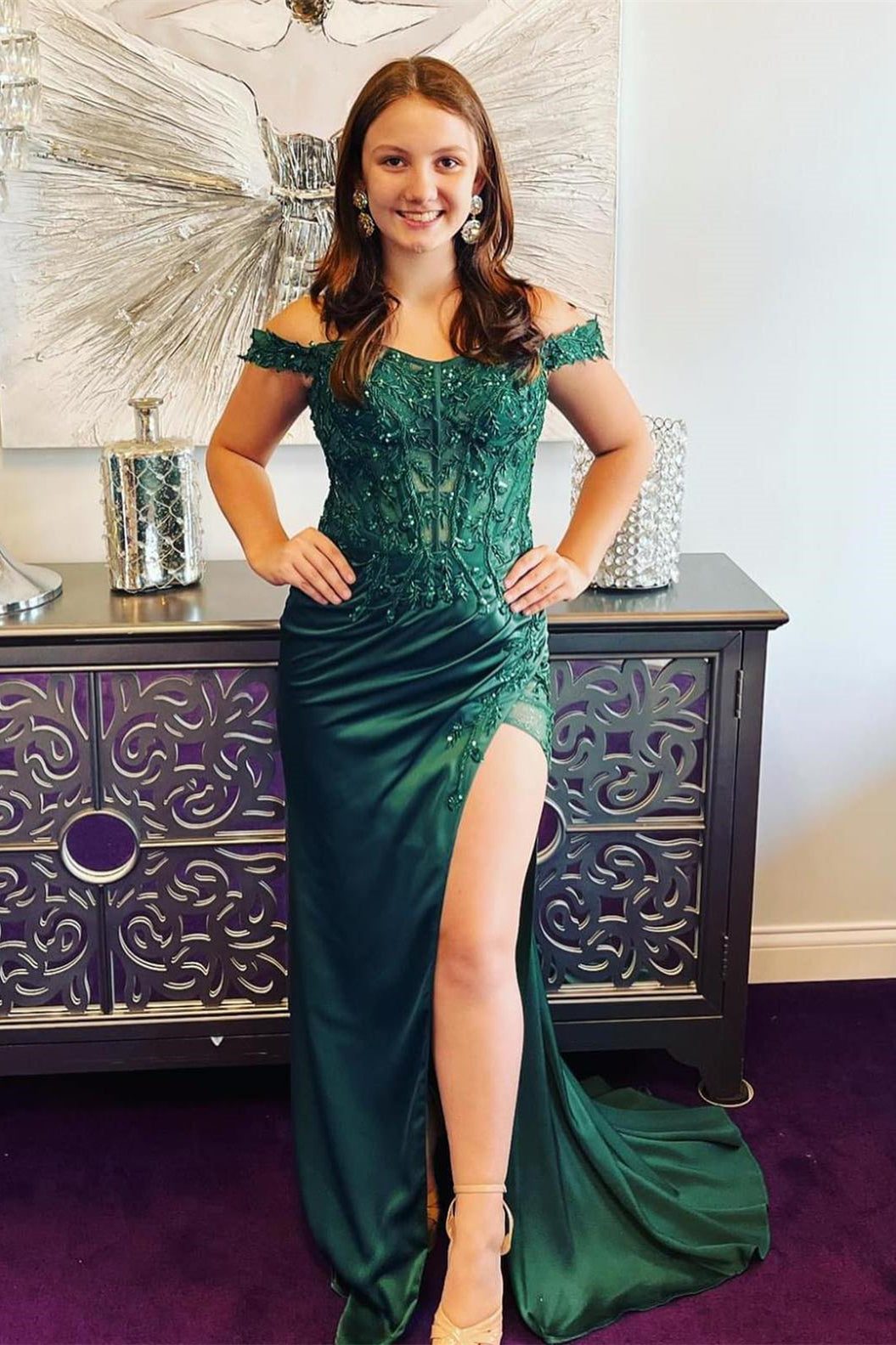 Off the Shoulder Dark Green Appliques Mermaid Long Formal HZ0307