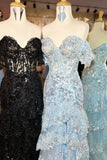 Off the Shoulder Light Blue Appliques Tiered Ruffle Long Prom HZ0307