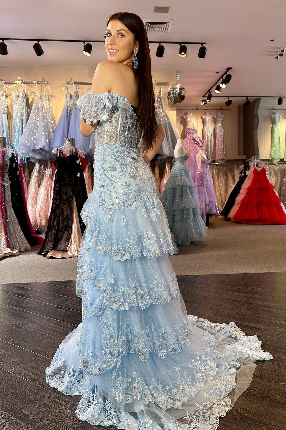 Off the Shoulder Light Blue Appliques Tiered Ruffle Long Prom HZ0307