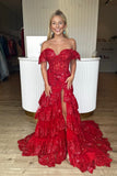 Off the Shoulder Light Blue Appliques Tiered Ruffle Long Prom HZ0307