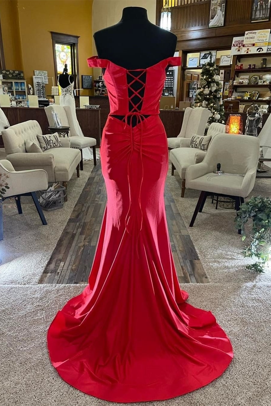 Off the Shoulder Red Mermaid Long Prom HZ0307