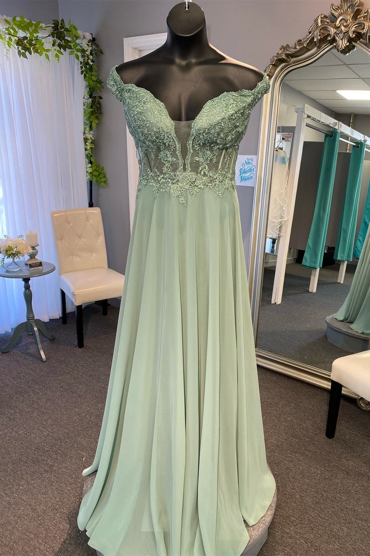 Off the Shoulder Sage Green Appliques Chiffon Long Formal HZ0307
