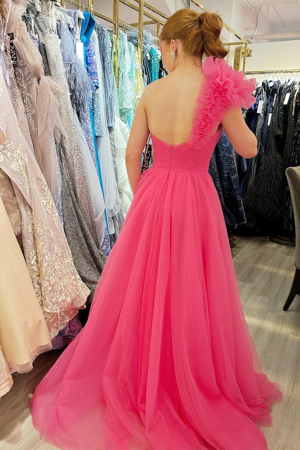 One Shoulder Hot Pink Pleated Long Formal HZ0307