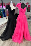 One Shoulder Hot Pink Pleated Long Formal HZ0307