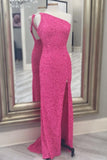 One Shoulder Hot Pink Sequins Mermaid Long Prom HZ0307