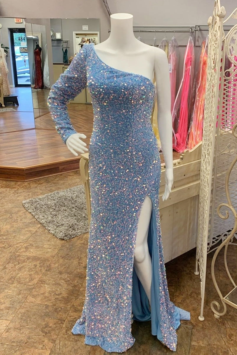 One Shoulder Light Blue Sequin Mermaid Long Prom Dress with HZ0307