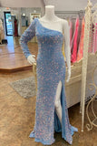 One Shoulder Light Blue Sequin Mermaid Long Prom Dress with HZ0307