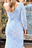 One Shoulder Light Blue Sequin Mermaid Long Prom Dress with HZ0307