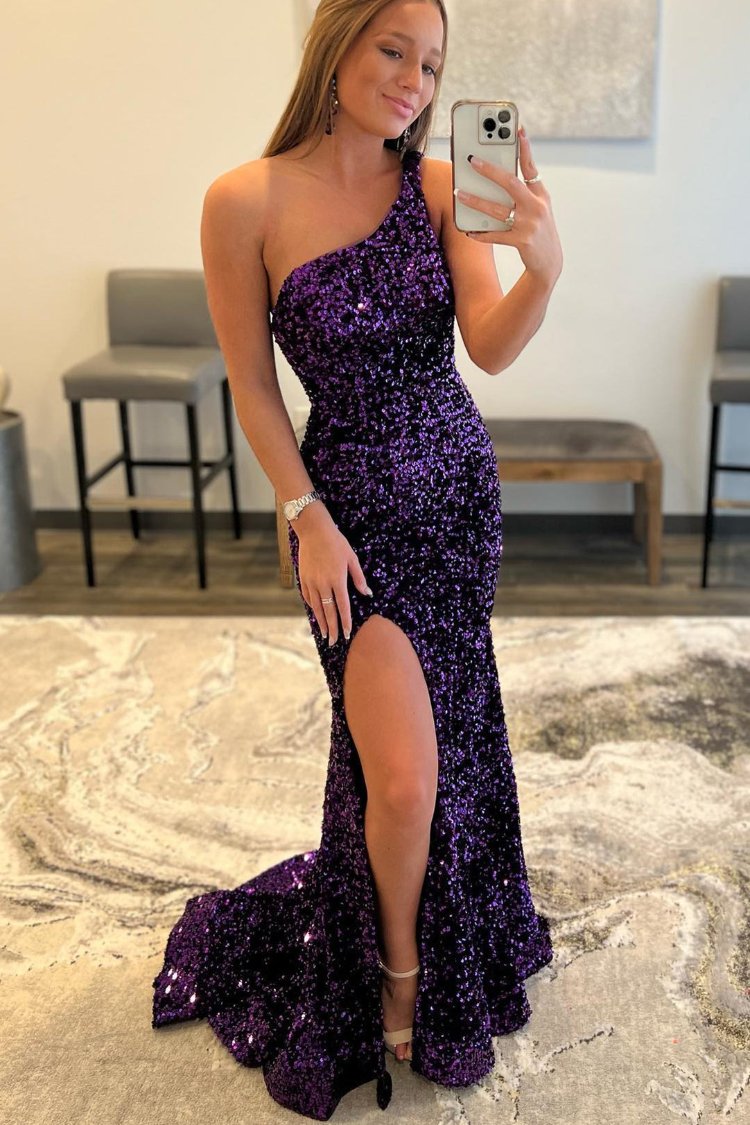 One Shoulder Purple Sequin Mermaid Long Formal HZ0307