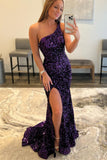 One Shoulder Purple Sequin Mermaid Long Formal HZ0307