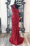 One Shoulder Red Sequins Mermaid Long Prom HZ0307