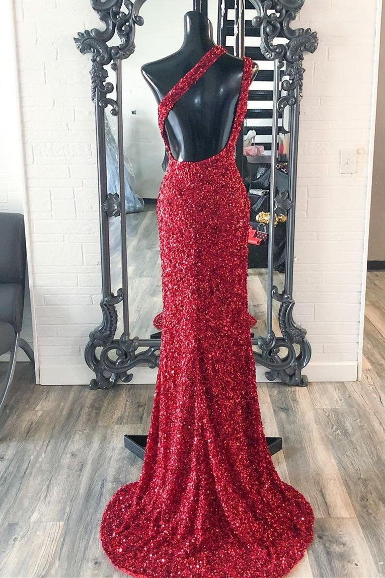 One Shoulder Red Sequins Mermaid Long Prom HZ0307