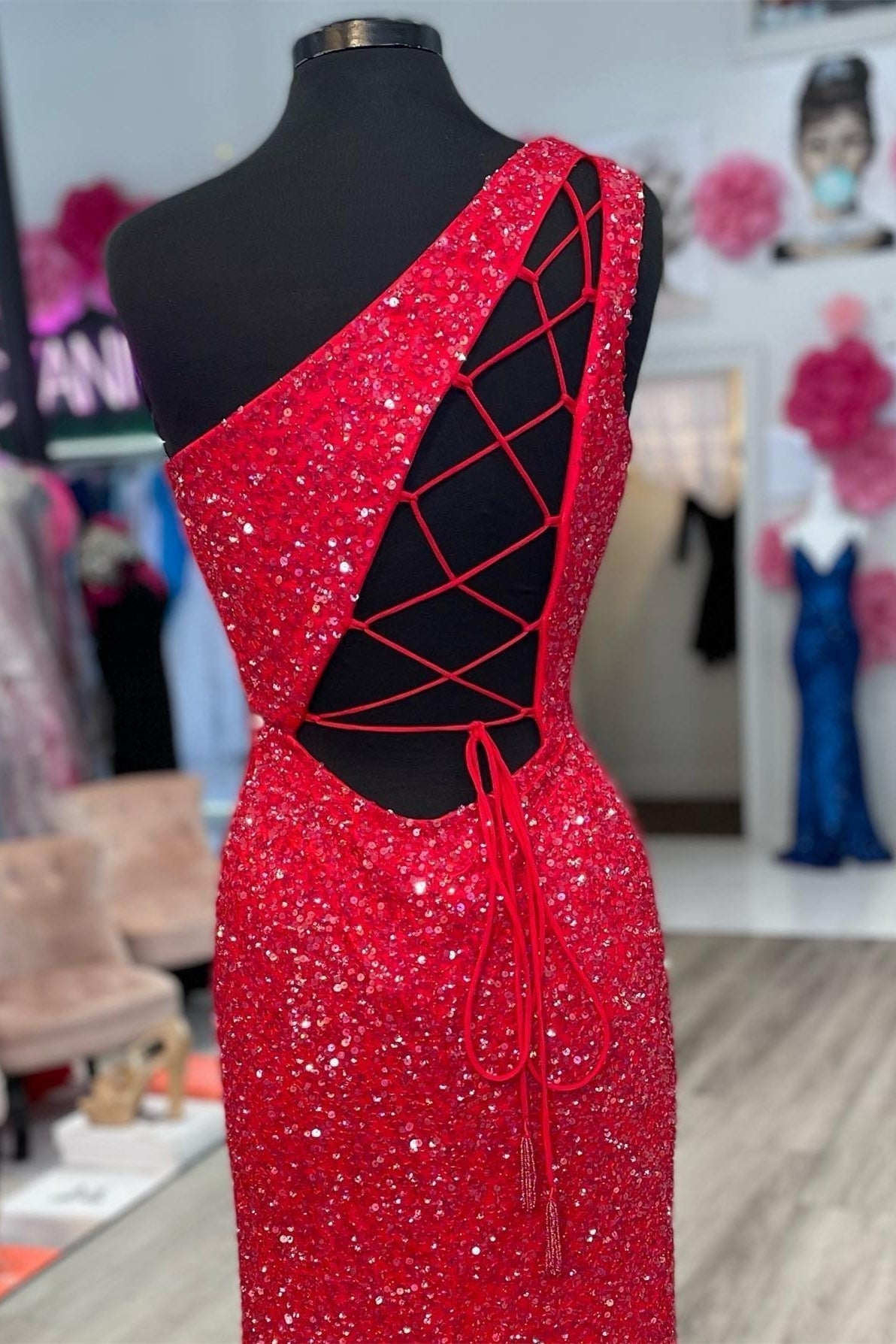One Shoulder Sequin Mermaid Long Formal Dress with Lace Up HZ0307