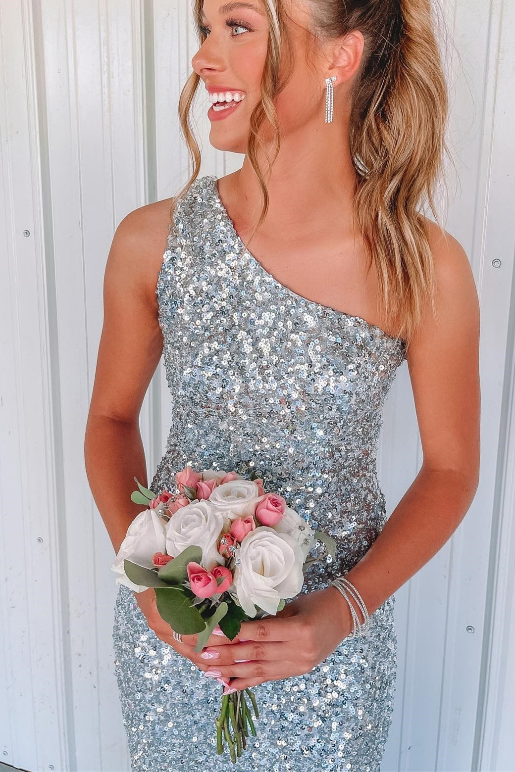 One Shoulder Silver Sequin Mermaid Long Formal Dress with HZ0307