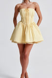 Pastel Yellow Strapless Homecoming Dresses Satin Lace Party Gown, HZ0307