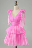 Pink V-Neck Homecoming Dress Chiffon V-Neck School Party Dress, HZ0307