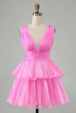 Pink V-Neck Homecoming Dress Chiffon V-Neck School Party Dress, HZ0307