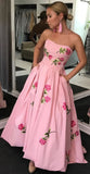 Pink Floral Evening Dress, A-line Strapless Prom Dress, HZ0307