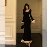 Pretty Mermaid Square Neckline Black Prom Dresses Birthday Outfits Evening Gowns , HZ0307