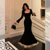 Pretty Mermaid Square Neckline Black Prom Dresses Birthday Outfits Evening Gowns , HZ0307