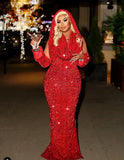 Pretty Sheath V Neckline Red Sequin Long Prom Dresses Formal Evening Dress , HZ0307
