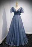 Princess Blue A-line Polk Dots Bow Long Prom HZ0307