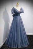Princess Blue A-line Polk Dots Bow Long Prom HZ0307