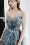 Princess Straps Blue Beaded Layers Long Formal HZ0307
