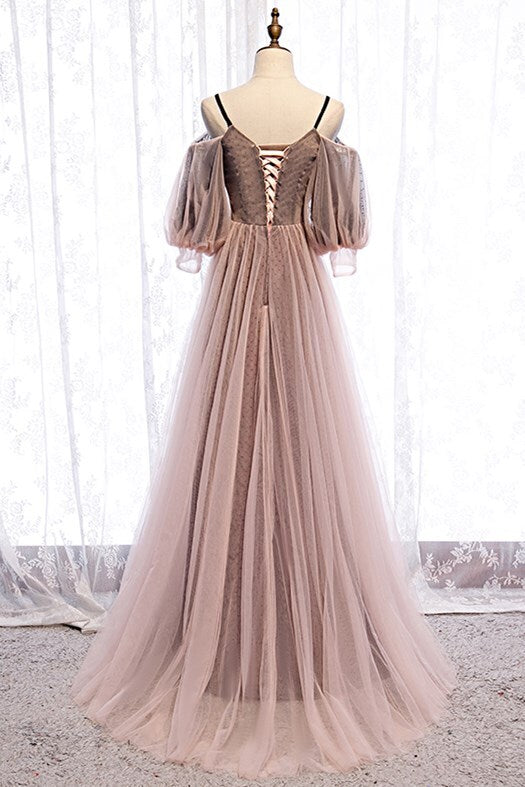 Puffy Sleeves Brown A-line Tulle Long Prom HZ0307